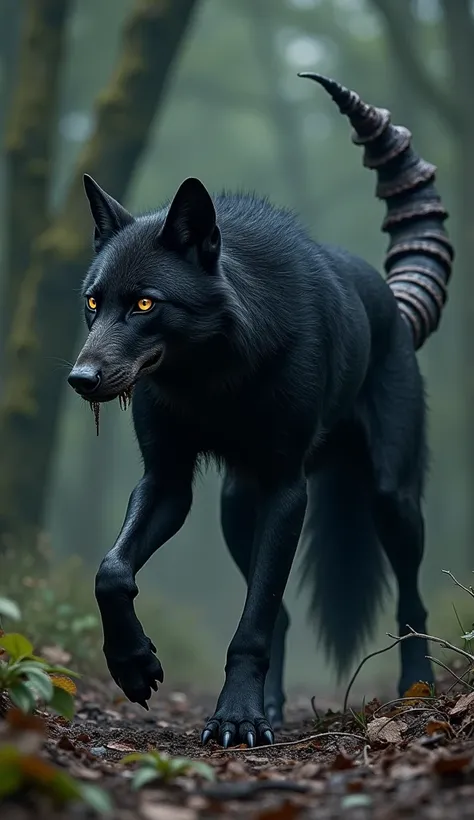 A wolf with a scorpion’s segmented tail arching over its back, dripping with venom. Its fur is sleek and black, blending into the shadows as it stalks its prey. With one quick flick of its tail, it delivers a deadly sting, paralyzing its target before goin...