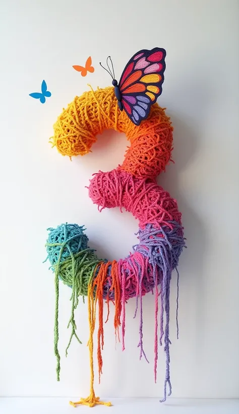 A mesmerizing 3D design showcases a vibrant and charming graffiti piece titled "3" on a pristine white clean pure solid matte reflective wall. Each letter is expertly crafted from crochet, creating a dripping and scattered thread effect in a rainbow of col...