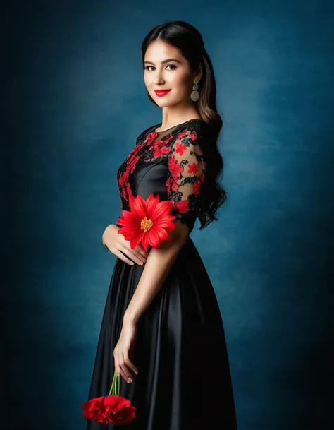 a women in dark sleevless dress/red flower in hand