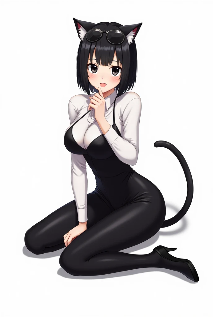 make it in anime style and with a white background, a white woman, with short straight black hair, an expression would be, black eyes, with big breasts, with cat ears, with cat tail, wearing a black somuki1ng, with a white dress shirt underneath, she wears...