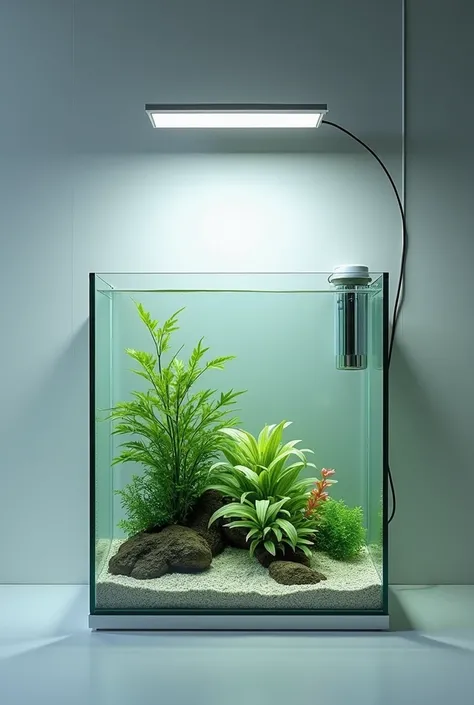 Aquarium glass box with plant and filter and light 