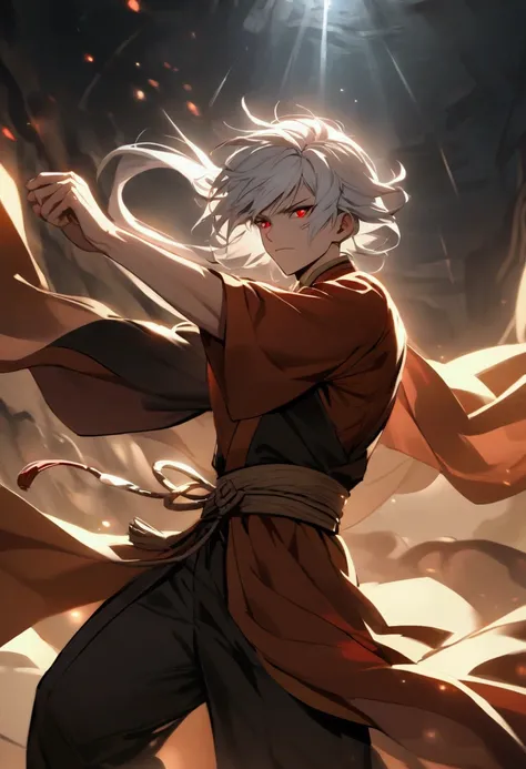 Very handsome boy with medium-long white hair, Red eyes and martial monk style clothing