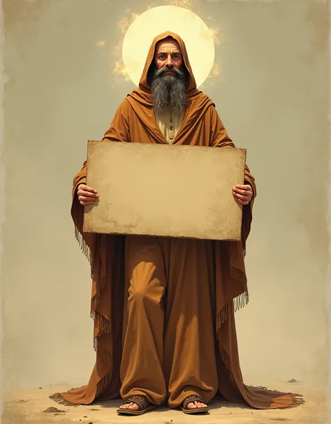 Capture the image of a Saint James with a slight smile and dressed in a brown suit holding a large sign in his hands, an image by Bernardo Daddi, winner of the deviantart contest, conceptual art, a pilgrim, illustration, package cover, fondo de trading car...