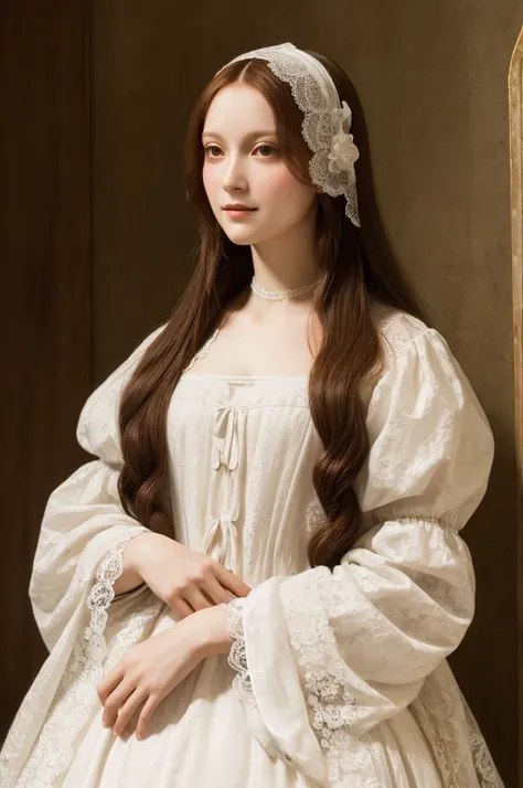 Image of Leonardo da Vinci with Ala Fed in a white lace dress&#39;There is a note in the background, A strikingly young and elegant person, Magical Girl Portrait, Portrait of a Young Witch girl, Wear steampunk clothes, Musician girl in lace clothes, Natali...