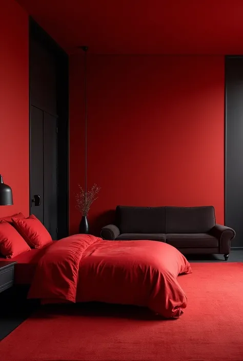 9:16 a room with everything very tidy but the color red black even the bed 