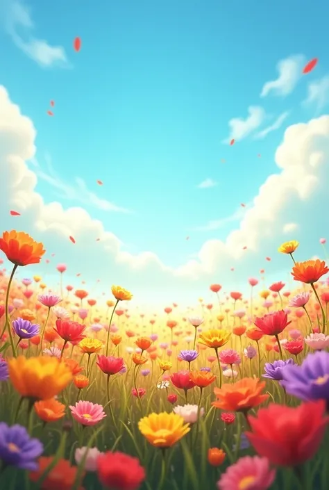 A happy, lively field of colorful flowers, vibrant blue sky with fluffy w,, warm sunul atmosphy,4k,8k,highres,maealistic,photo-realistic:1.37),vibrant colors,natural lighting,landscape,concept art