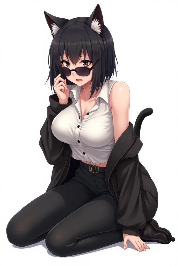 make it in anime style and with a white background, a white woman, with short straight black hair, an embarrassed expression, black eyes, with big breasts, with cat ears, with cat tail, wearing a black somuki1ng, with a white dress shirt underneath, she we...