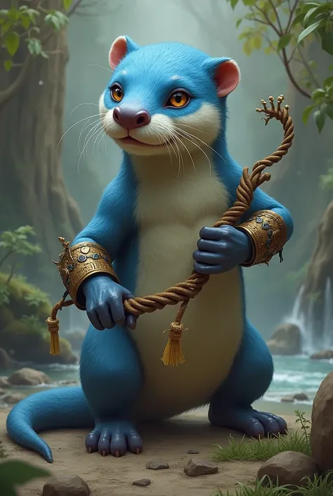  blue slant-eyed human otter, a bracelet to turn into an otter, a rope weapon, Its power is adaptation and its color palette is blue and brown 