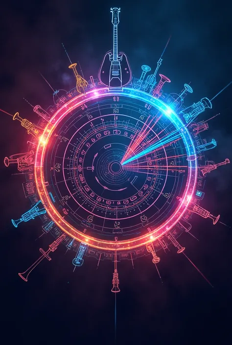 A pie chart of fifths and fourths surrounded by stylized musical instruments, like guitars and trumpets. The cycle is illuminated with colored lights, highlighting the sequence of notes, as notes spin around like gears.