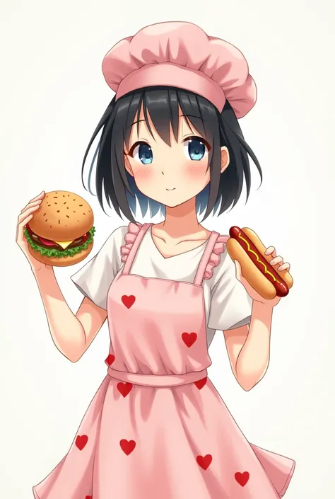 Create a cute female character with light skin, short straight black hair, wearing an apron with red hearts and a kitchen cap with a white background, smiling with a hamburger and hot dog in her hand. 