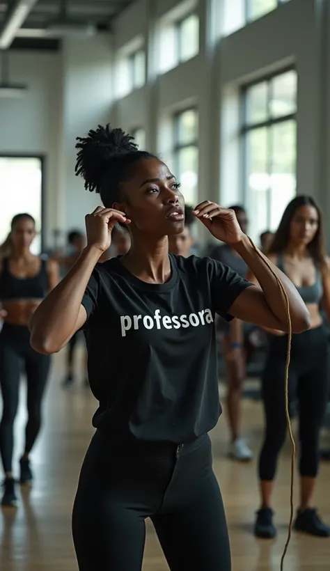 [Subject: modern gym exploitation, black female instructor being whipped]
In a crowded, modern gym filled mostly with women, a black female instructor with tied-up hair wears a black shirt that reads "PROFESSORA." She is positioned in the center of the sce...