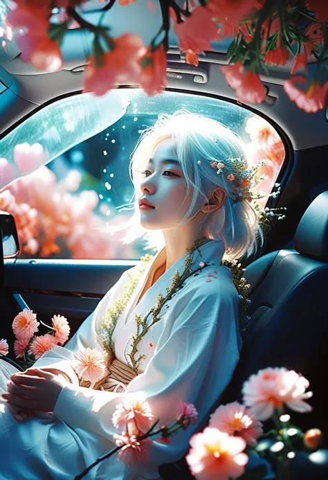 breathtaking Ethereal fantasy concept art of cinematic film still,Chinese Girl,A girl with white hair sitting in car filled withflowers,Artwork by Rinko Kawauchi,In a naturalistic pose,Holiday Dad Core,young and energetic,very cool expression,Body extensio...