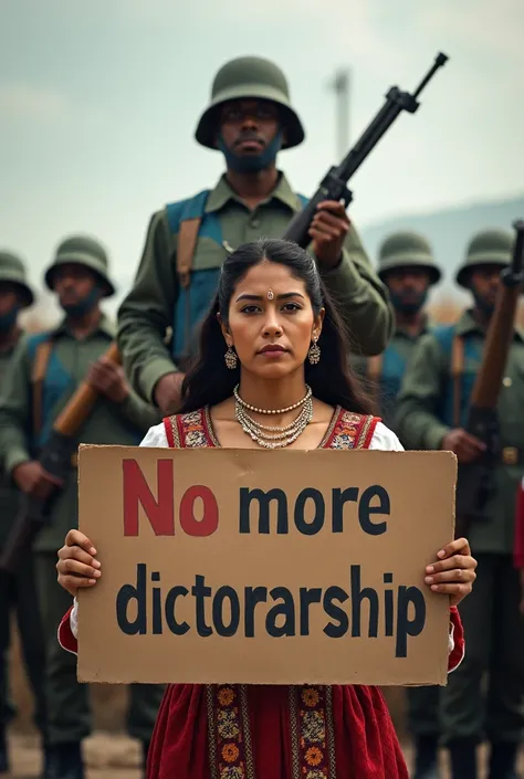 Nicaragua makes a Nicaraguan woman, dressed in period costumes, Holding a sign that says "No more dictatorship". Alfondo, an image of the National Guard.