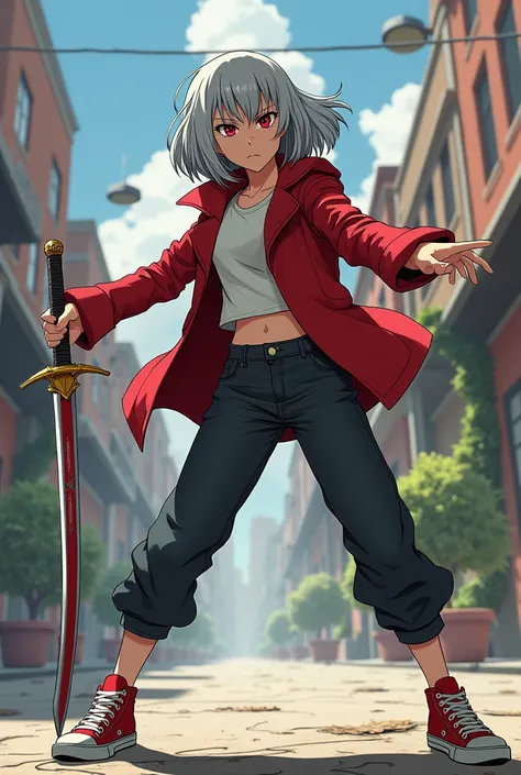 teen woman, one punch man manga style, wearing sneakers and holding a sword, red eyes, grey hair.