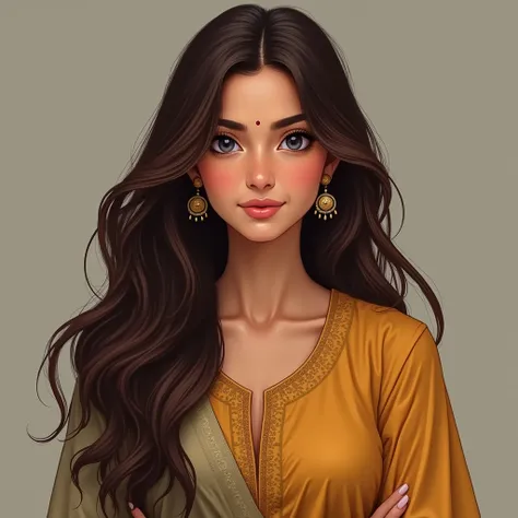 Long brown hairs , healthy figure with 5.00 feet height she is 22 yearrs old , light caramel brown skin tone , sharp nose wearing shalwarkameez , she is Pakistani and give close face pic and big dark blue eyes shiny and also round face not wear bindi dark ...