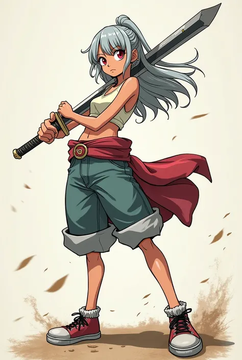 teen woman, one piece manga style, wearing sneakers and holding a sword, red eyes, grey hair.