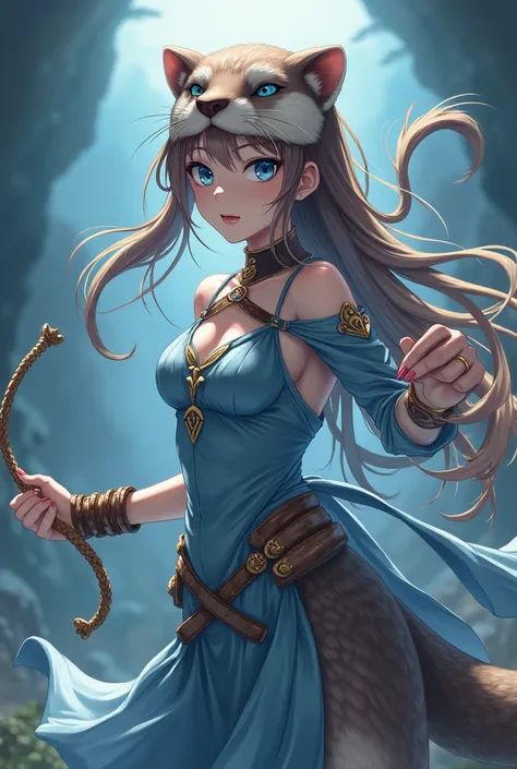   Anime style human woman dressed as otter with slanted blue eyes, a bracelet to turn into an otter, a rope weapon, Its power is adaptation and its color palette is blue and brown 
