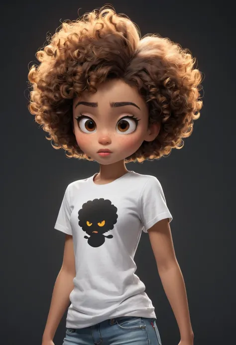 woman (((Afro Latina, LIGHT HAIR Curly, light brown hair, brown eyes))),((very short hair, short hair))(((little hair))) from the front, (((sad expression))) , ((white t-shirt)), (((black background, black background color))) ((pixar style)), (((looking do...