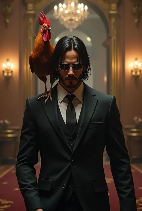 John Wick in a suit and smokey glasses with a rooster on his shoulder entering the palace