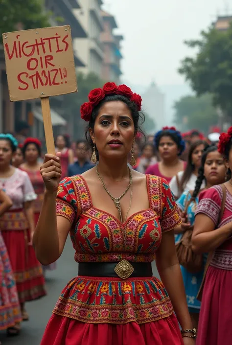 Create an image of women in Nicaragua dressed in period costumes, Holding a sign that says "No more dictatorship". Alfondo, An image of the Somoza National Guard in Nicaragua 