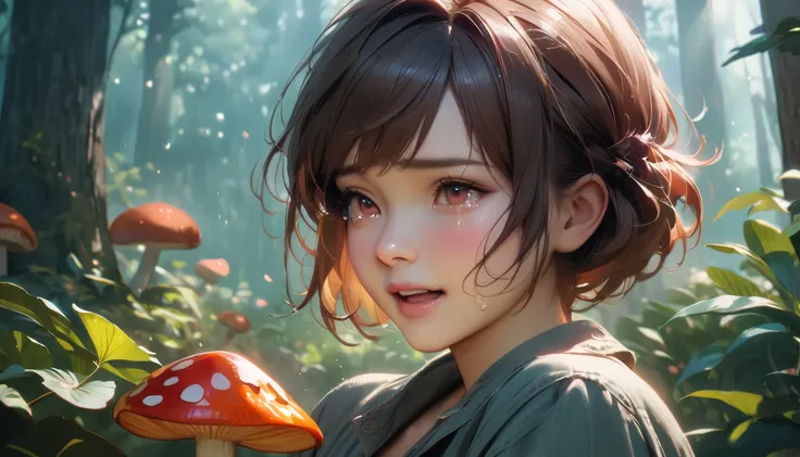 a girl crying in a forest, mushroom cut hairstyle, forest mushroom picking, detailed face, emotional expression, realistic, 4k, high quality, masterpiece, cinematic lighting, vibrant colors, dramatic atmosphere