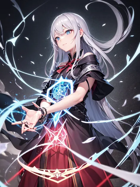 Elemental Magician、Draw a powerful magic square、A magic square is laid out on the ground、Black blades rain down、The magician is chanting、Silver Hair、Long Hair、Silver bracelet on left hand、Scarlet Robe