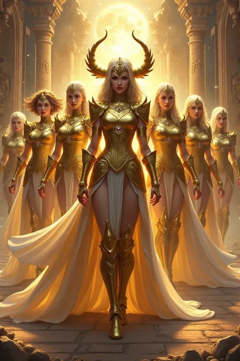 Create the images of the female version of the Knights of the Zodiac with their golden armor