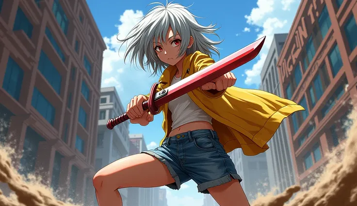 teen woman, one punch man manga style, wearing sneakers and holding a sword, red eyes, grey hair.