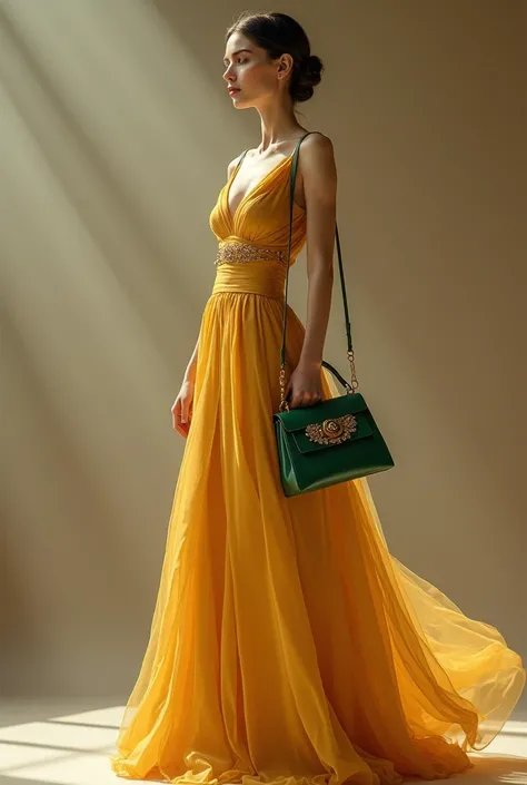 Elegant woman wearing a yellow and brown dress, with a green bag 