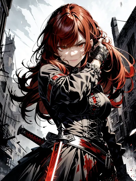 (Best quality),(Animation style, Noir style,dynamic composition, action pose, 1 girl ,Very detailed face, Very detailed hair, With bangs, Full bangs, 8k,gothic dress,gothic punk,Blood is spurting out, dark shade, Red hair, long hair, Red tint, Take up the ...