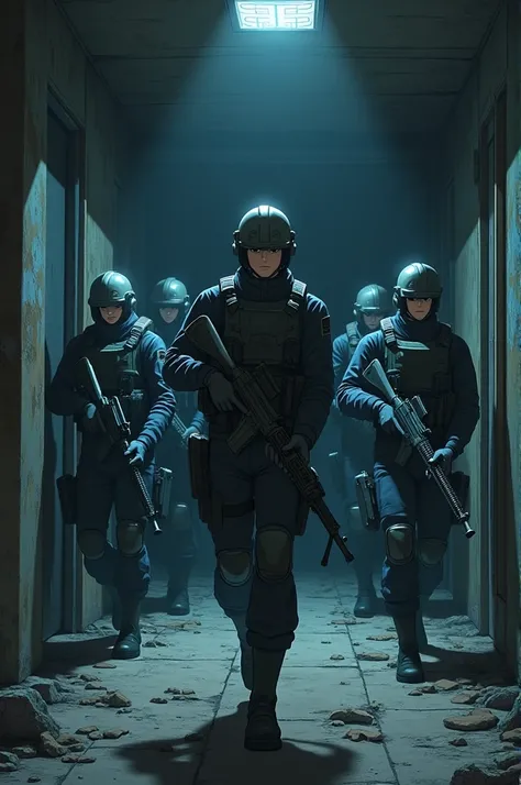 A group of soldiers entering a dark room anime version