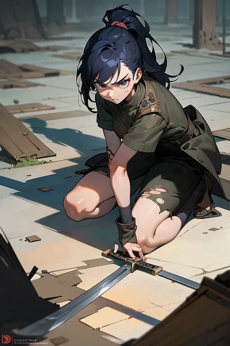 a warrior woman. She is kneeling on the floor, defeated. torn clothes, sword stuck in the ground. angry look. good anatomy, work of art