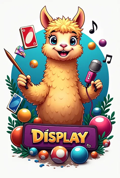 Colorful logo, brush and palette, alpaca, biliard, uno, microphone, title “Display”