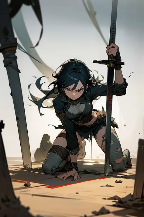 a warrior woman. She is kneeling on the floor, defeated. torn clothes, sword stuck in the ground. angry look. good anatomy, work of art