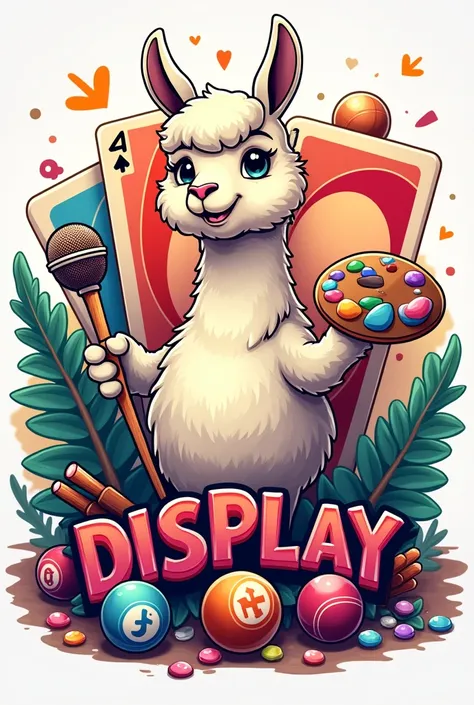 Colorful logo, brush and palette, alpaca, biliard, uno, microphone, title “Display”