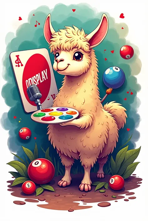 Colorful logo, brush and palette, alpaca, biliard, uno, microphone, title “Display”