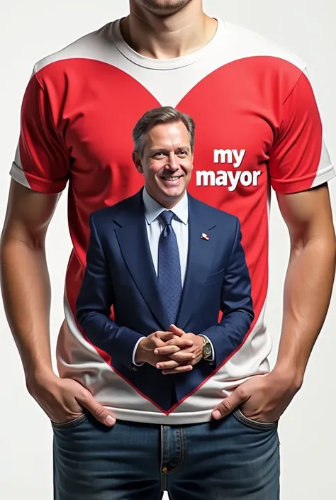 Generate an image of a shirt with a big heart, a politician inside the heart covering the chest and belly with the phrase "my mayor"