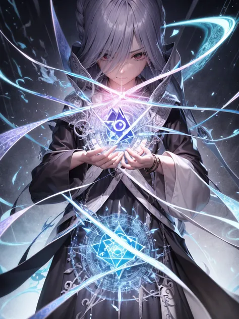 Elemental Magician、Draw a powerful magic square、A magic square is laid out on the ground、Black blades rain down、The magician is chanting、Silver Hair、Long Hair、Silver bracelet on left hand、Scarlet Robe、Stand on the magic circle that is laid out on the groun...