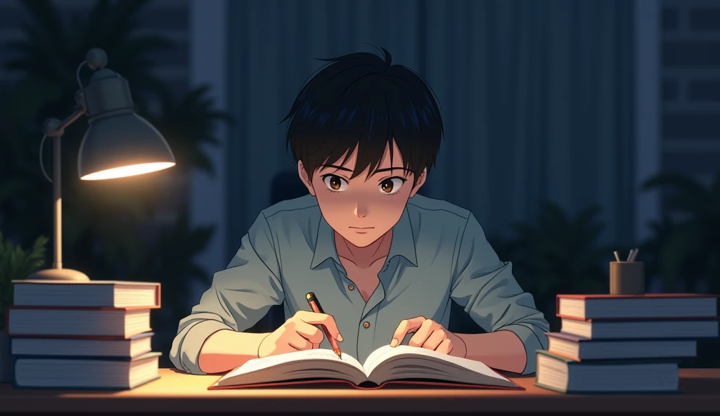 A 20-year-old boy is sitting at home studying, in night with books and lamp on his desk, and the background is blurred. In Anime style 