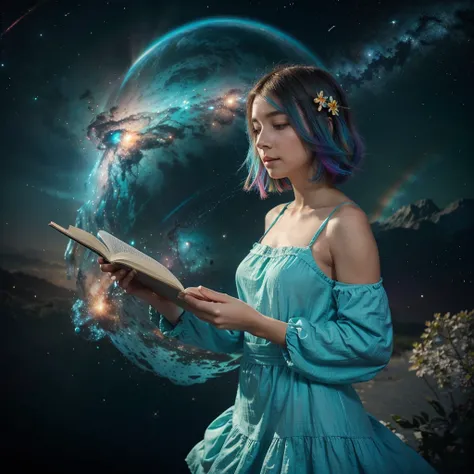 (best quality, Masterpiece), 1 girl, reading a book, particles, Wind, flower, Upper body, simple background, Viewers look at, Rainbow Colored Hair, turquoise, short, flowing dress, cosmic, Nebula, Galaxy