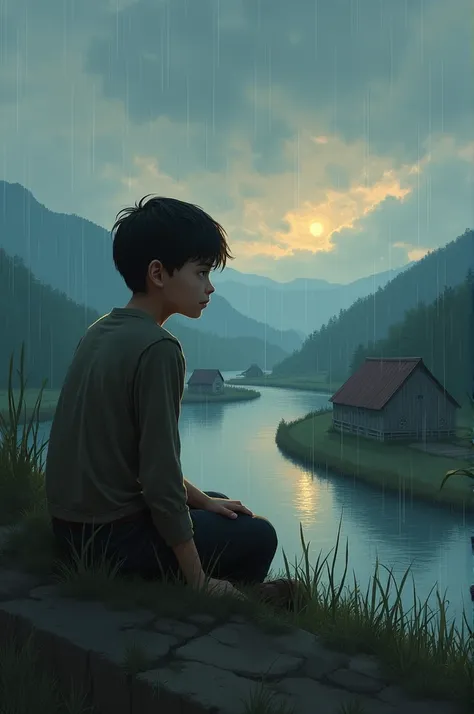 A boy is sitting outside the village in the evening, looking towards the river, the weather is overcast and it is raining lightly 