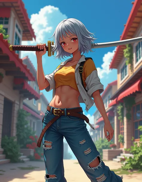 teen woman, one piece manga style, wearing sneakers and holding a sword, red eyes, grey hair, semelhante.
