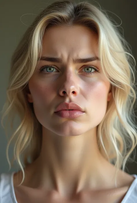 (photorealism:1.2), young blond woman face, neutral lighting, facial expression angry grimace bad smell, closed mouth