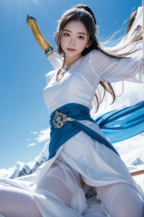 drawing the sword of the snow mountain, the sword with the cold ice flame of the ancient style woman, holding the blue flame bur...