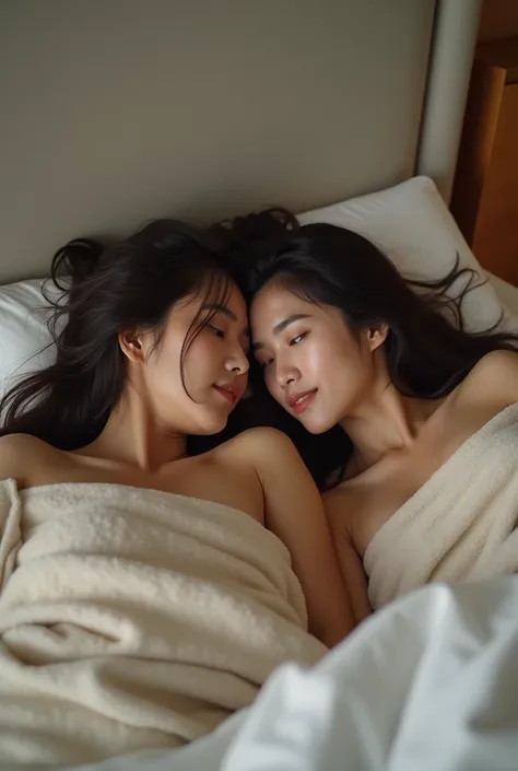 real photo. an Indonesian husband and wife are lying together on the bed wearing a blanket. the woman has long hair. they are all sweating without clothes. beautiful bed background and beautiful room with white lights. photos look real and HD