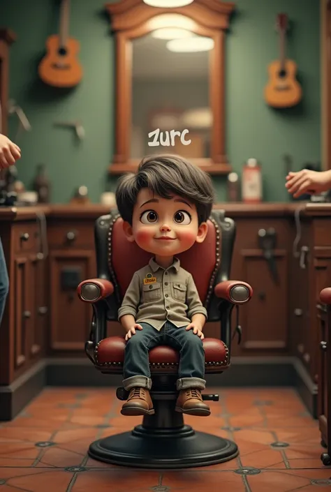 A boy in a barbershop with the word zurc on his head and the cut number seven