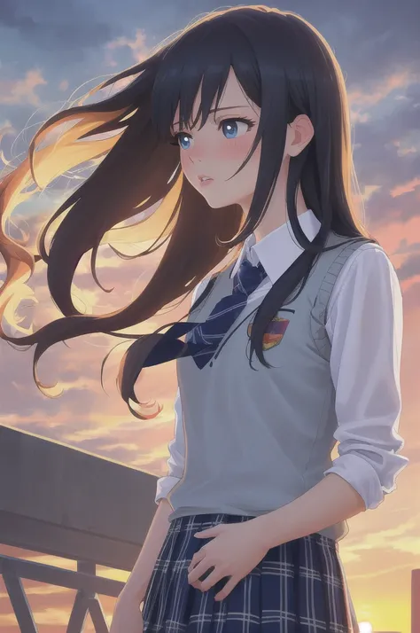 (masterpiece, best quality), , school, rooftop, school uniform, white shirt, blue plaid necktie, blue plaid skirt, blue sweater vest, standing, leaning, leaning back, wind, floating hair, hand in own hair, facing to the side,looking afar, thinking, light b...