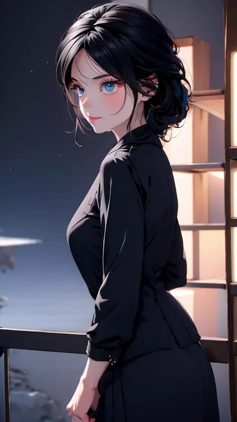 1 Girl, medium light black hair, light blue eyes , wearing black Suit 4D , night TOWN , high res, ultrasharp, 8K, masterpiece, looking from behind