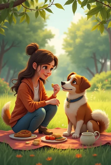 A delightful scene where Bella sits on the grass sharing a picnic with Max, giving him a treat while he looks up at her eagerly, his tail wagging in excitement.
