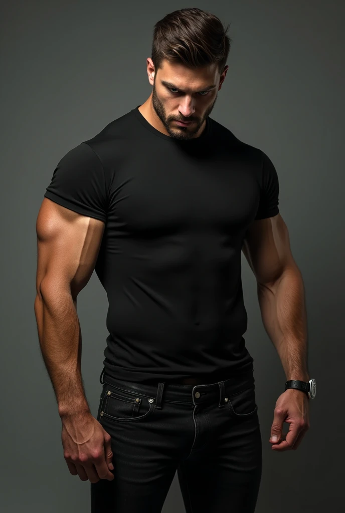 A 20 year old man in a black shirt and black jeans, wearing a muscle t-shirt,  dressed in a black T-shirt, kinda muscular, beautiful. big muscles, Tall and muscular,  looking down with a dangerous expression as if holding someones gaze.
